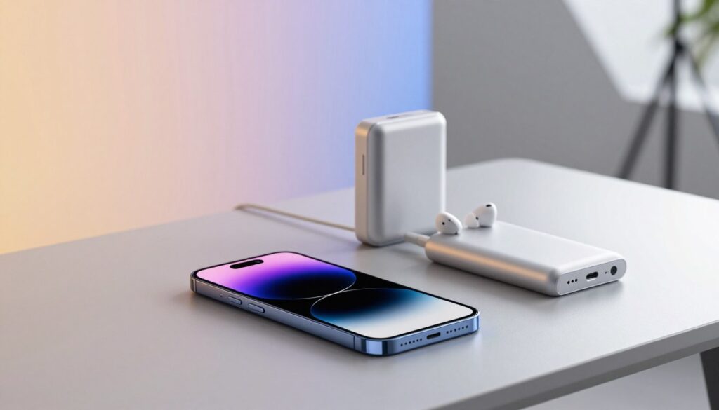 A modern hybrid smartphone portfolio displayed elegantly on a sleek, minimalistic table. In the foreground, a stylish smartphone with a vibrant display showcasing advanced features, reflecting the value-for-money concept. Beside it, an assortment of accessories like a power bank and wireless earbuds, emphasizing versatility. The middle ground features a subtle gradient backdrop that transitions from warm to cool tones, suggesting innovation and technology. In the background, softly blurred geometric shapes evoke the idea of future trends in mobile technology. The scene is well-lit with natural light, creating a professional atmosphere. Captured from a slightly elevated angle, the composition feels dynamic yet balanced, embodying the mood of progress and transformation in the smartphone market, perfect for illustrating the hybrid scenario concept.